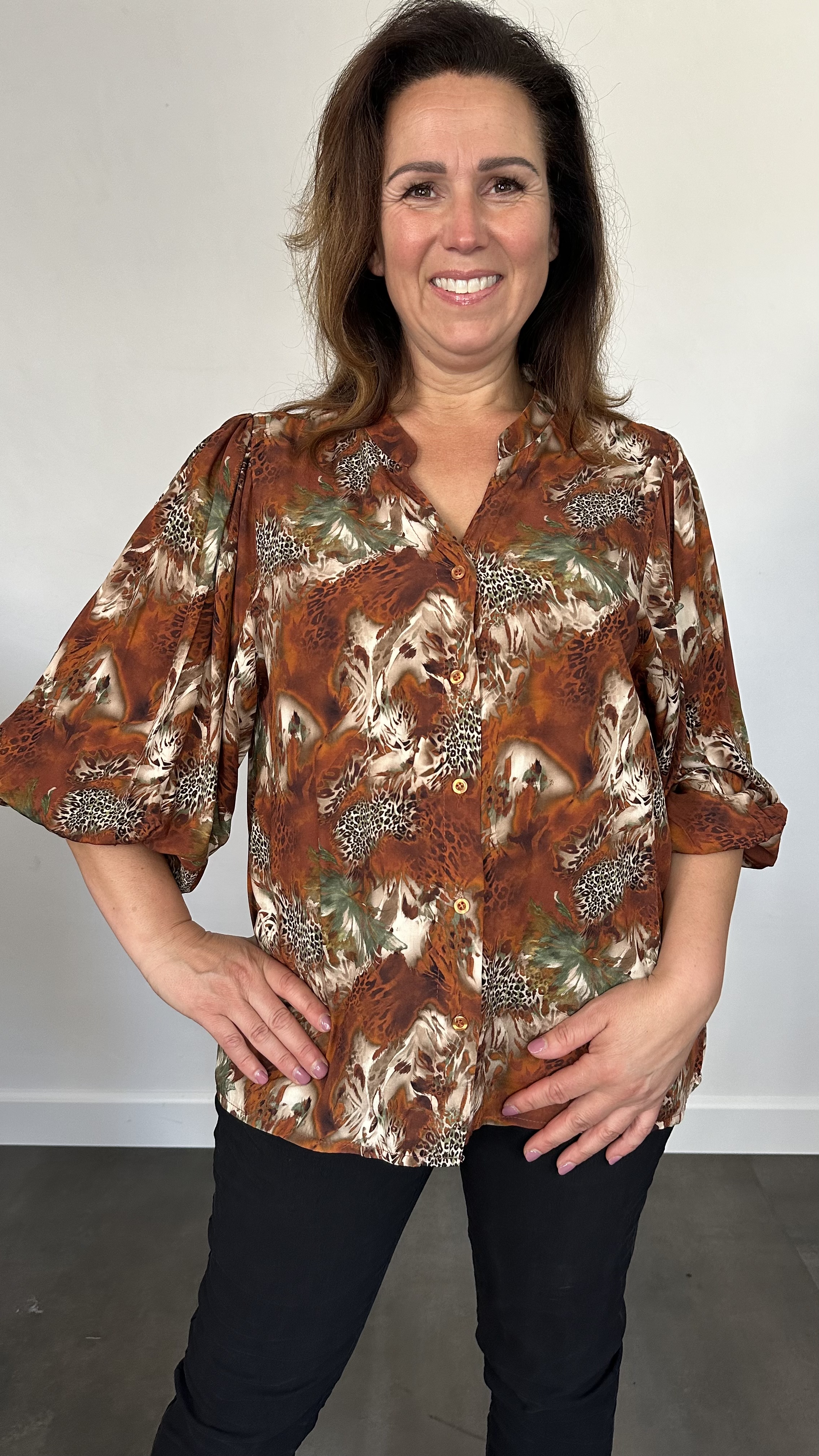 Blouse animal mix met 3/4 pofmouw stone