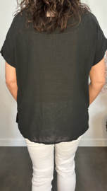 Linnenlook shirt met gehaakt kant Zwart