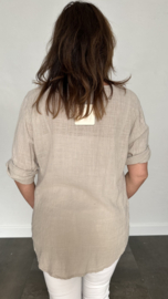 Linnenlook blouse met knoop zand