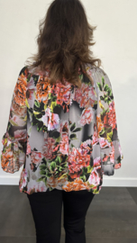 Blouse met gesmokte band roos zwart/grijs