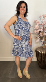 Jurkje met V-hals Flowers jeans/wit
