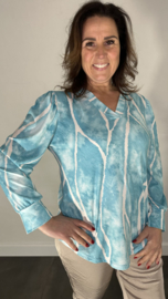 Velvet shirt met v-hals en pofmouw marble turquoise