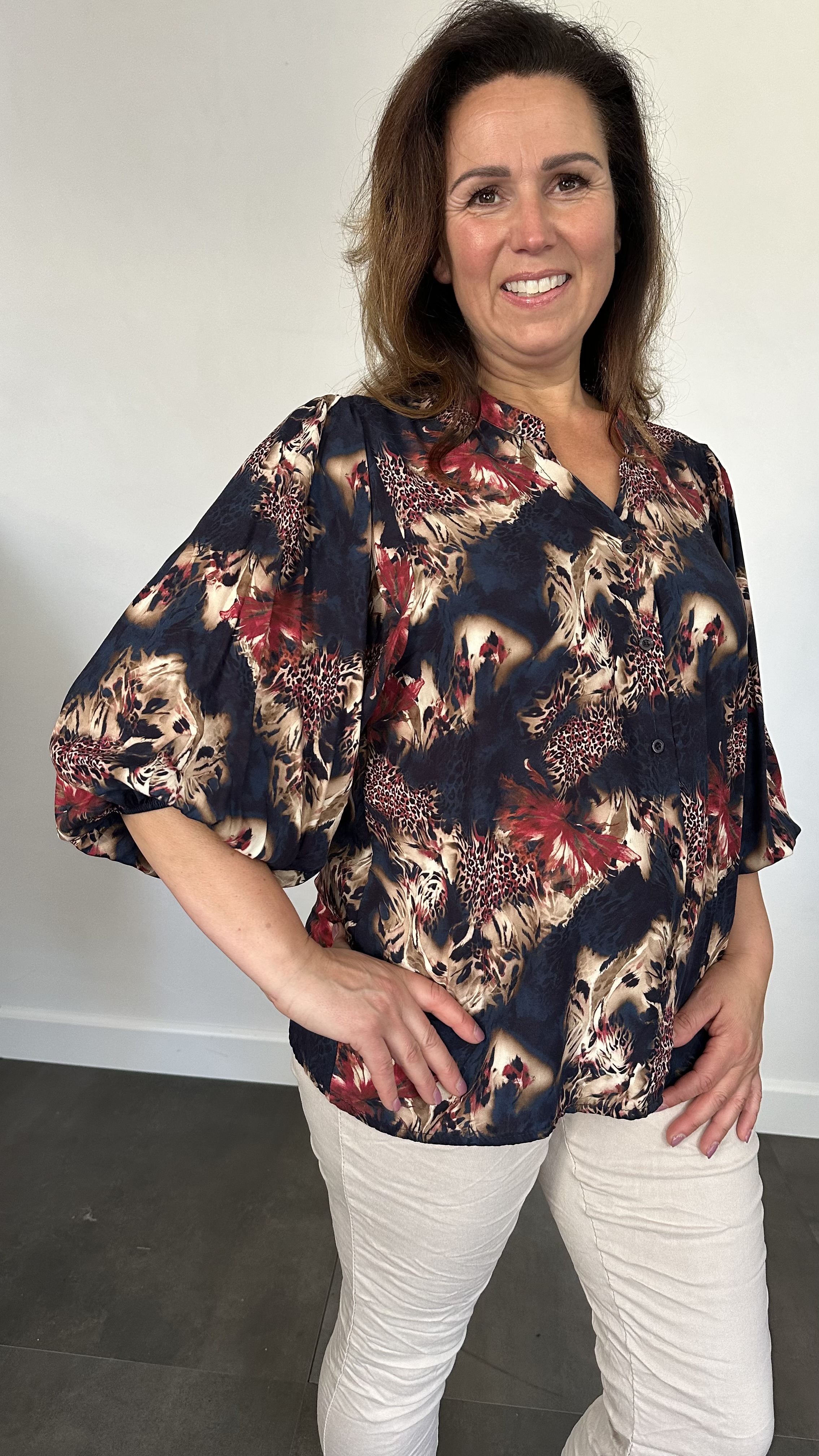 Blouse animal mix met 3/4 pofmouw marine