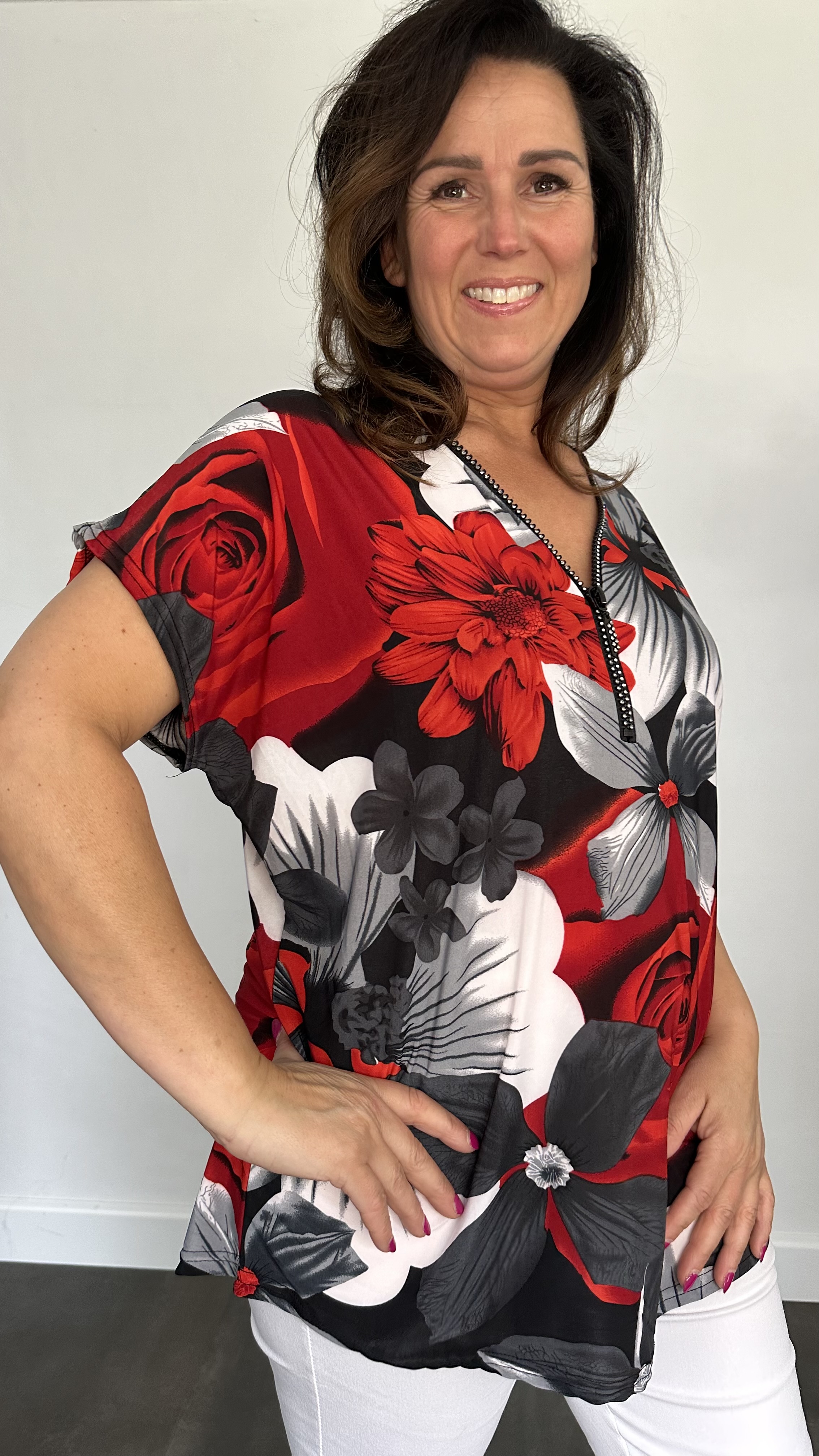 Shirt Zipp gebloemd rood