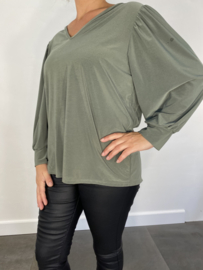 Shirt met v-hals en pofmouw travel army SALE