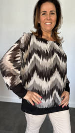 Blouse met boord lange mouw +Size Extra zigzag zwart