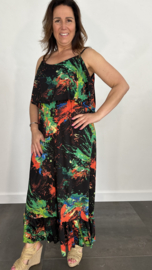Lange jurk met volant paint zwart +SIZE