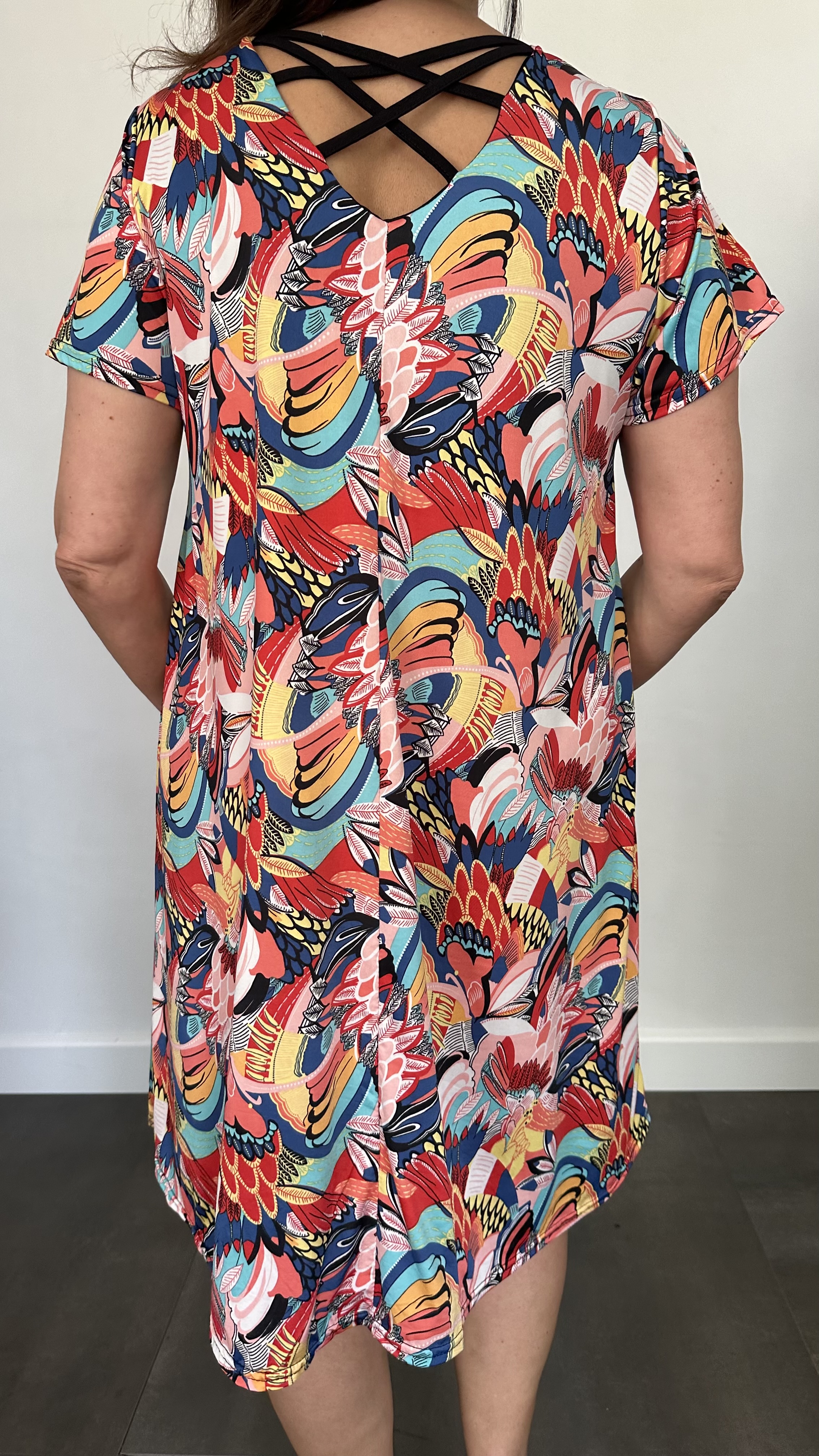 Jurk Dorena peacock tails rood/blauw