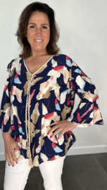 Shirt met flared mouw soft marble marine/zand