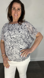 Blouse met boord fanatsy flower silver sparkle marine/ecru