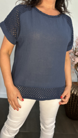 Linnenlook shirt met gehaakt kant Marine