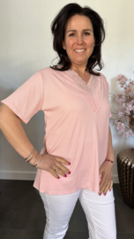 Ribbel shirt met kanten V-hals Roze