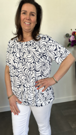 Ballon shirt met elastiek fantasy roos wit/blauw (+size)
