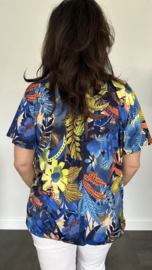 Ballon shirt met elastiek gebloemd blauw (+size)