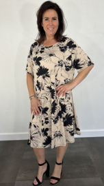 A-lijn jurk bloemen zwart /zand +SIZE