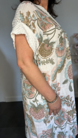 Linnenlook jurk met gehaakt kant Gebloemd Wit