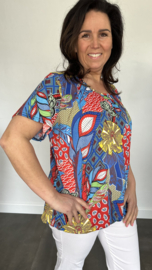 Ballon shirt met elastiek paisley leaves kobalt/rood (+size)