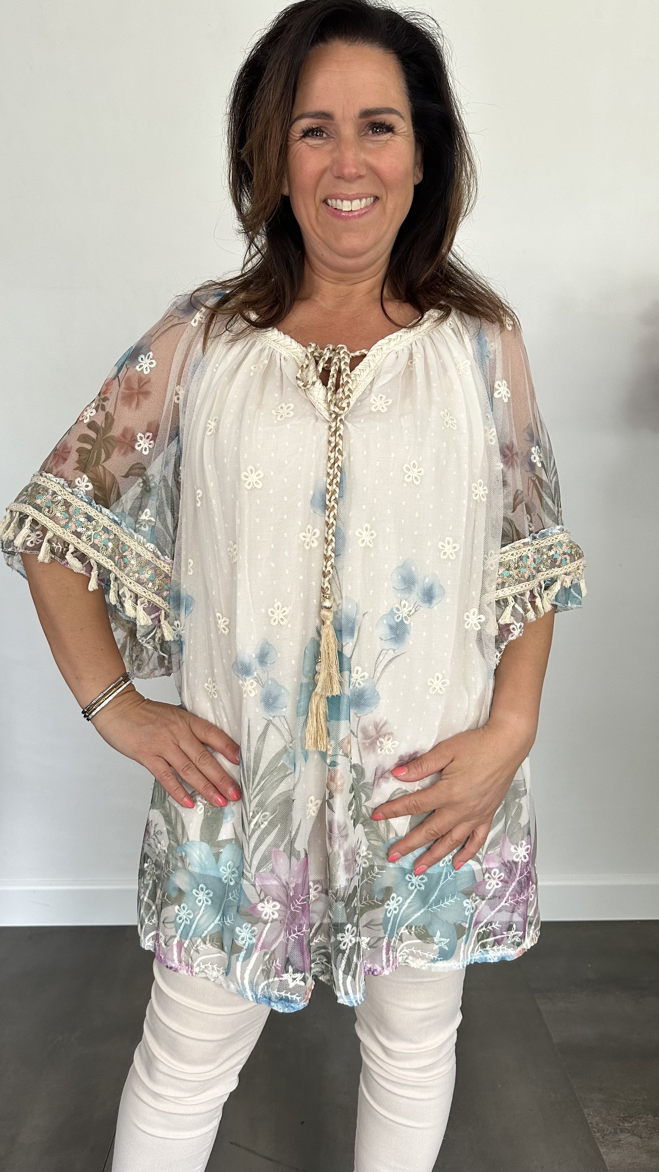 Tule tuniek met bloemen print +SIZE turquoise