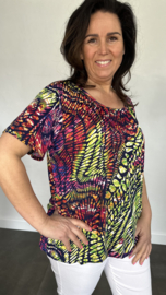 Ballon shirt met elastiek coloured drops fuchsia/groen (+size)