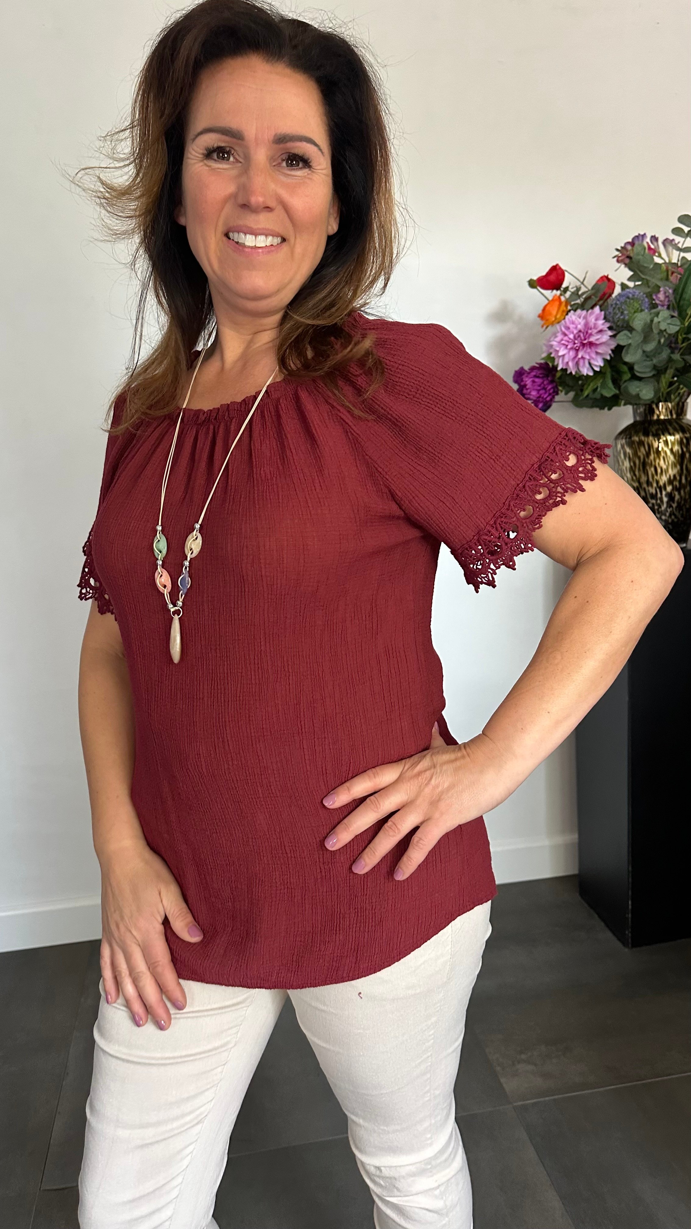 Crinkle shirt met kant bordeaux