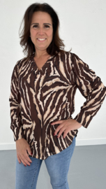 Top met v-hals en pofmouw tijger bruin