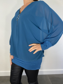 Blouse met boord new zipp lange mouw petrol
