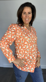 Soft shirt met v-hals en pofmouw cirkels koraal