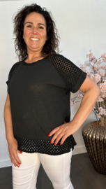 Linnenlook shirt met gehaakt kant Zwart