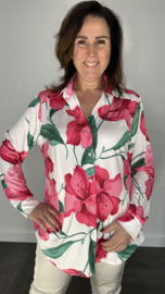 Stretch blouse travel gebloemd fuchsia