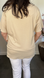 Ribbel shirt met kanten V-hals Zand