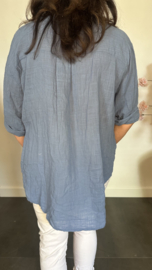 Linnenlook blouse met knoop jeans blauw