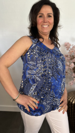 Ballon top met V-hals Leaves jeans/kobalt