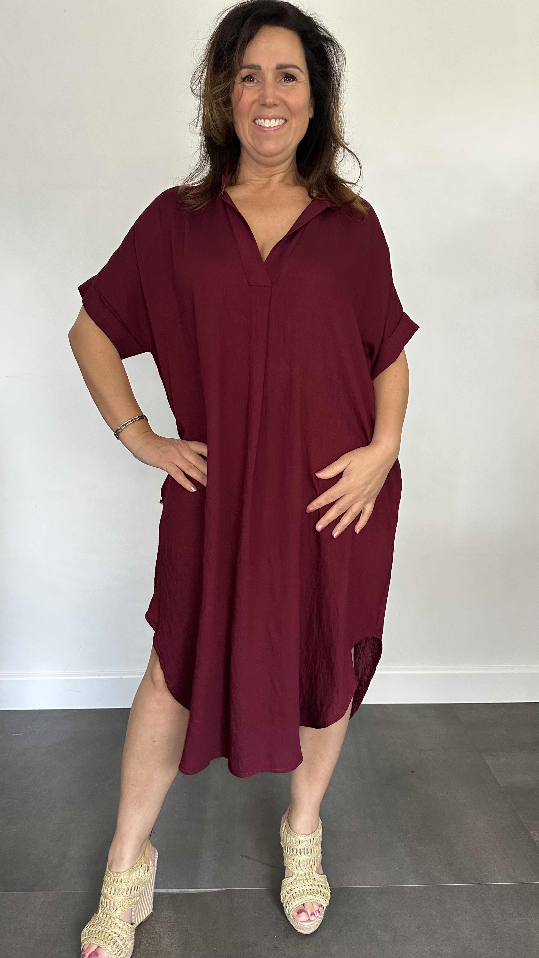 Jurk Leya uni +Size Wijnrood