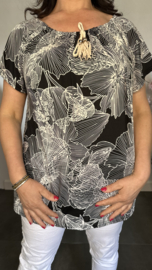 Shirt met koord travel Graphic flowers zwart/wit