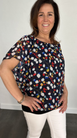 Blouse met boord small leaves marine/ rood