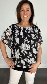 Blouse met boord roos zwart/ecru