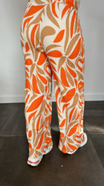 Plisse broek met wijde pijp fantasy flower oranje SALE