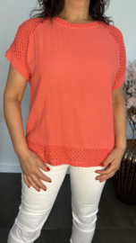Linnenlook shirt met gehaakt kant Koraal