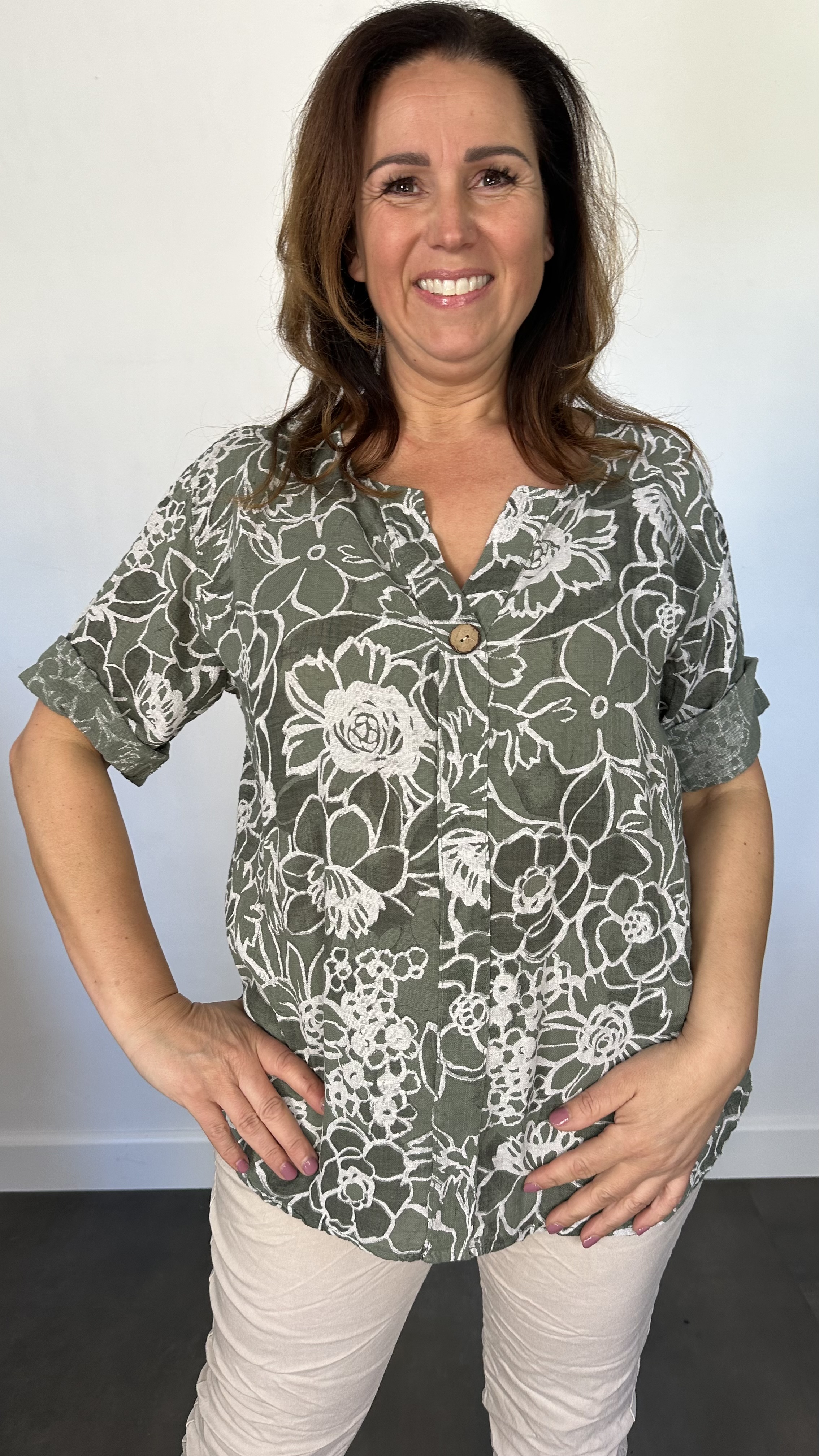Linnenlook blouse new flower army