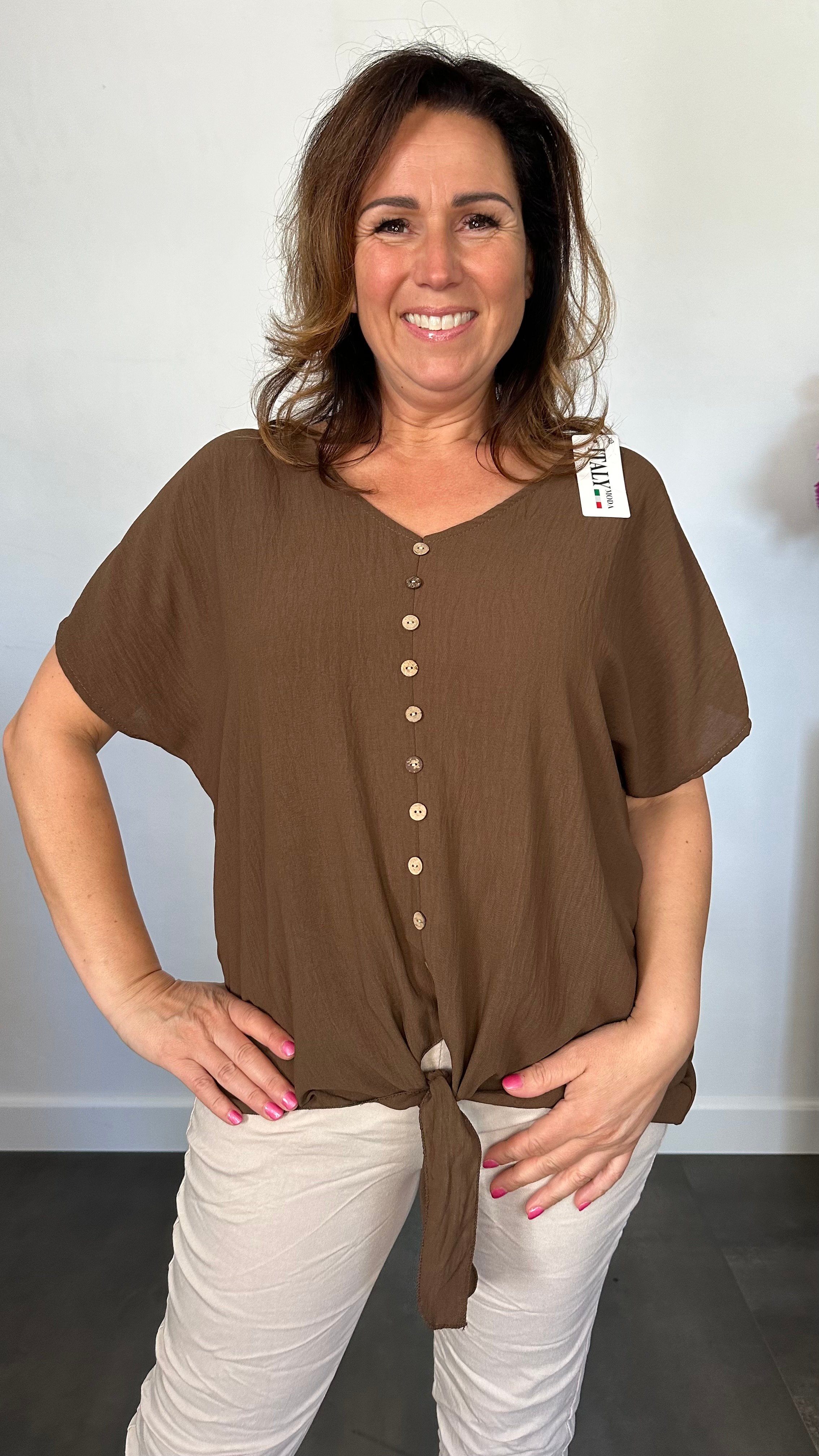 Crepe shirt met knoop bruin