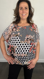 Blouse met boord bloesem & stippen peach