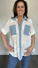 Blouse blanco met denim kraag