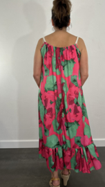 Lange jurk met gevlochten spaghettibandjes Global fuchsia/groen