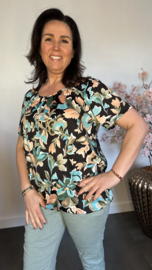 Ballon shirt met elastiek gebloemd turquise/ peach