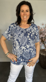 Ballon shirt met elastiek Barok bloemen jeans/wit