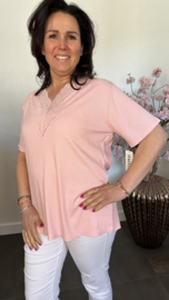 Ribbel shirt met kanten V-hals Roze