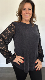 Blouse sparkle met kanten mouw zwart/ zilver SALE