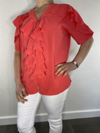Blouse met ruche korte mouw koraal SALE 