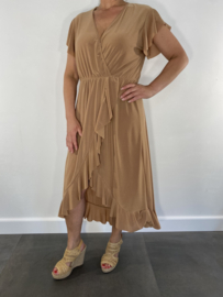 Stretch overslag jurk camel SALE