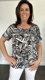 Ballon shirt met elastiek leaves zwart/wit (+size)
